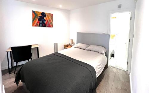 Hither GreenModern Studio Apartment with Free Wifi的一间卧室配有一张床、一张书桌和一个窗户。