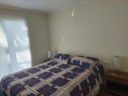 奥索尔诺Cabaña Campestre的一间卧室配有一张带铺着地毯的床和窗户。
