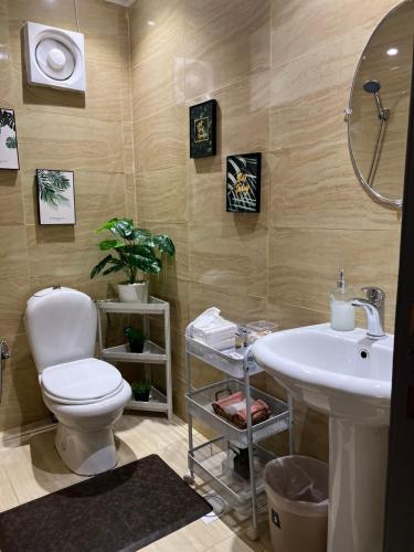 利雅德أستديو قريب من البوليفارد و أهم الأماكن السياحية قفل ذكي的一间带卫生间和水槽的浴室