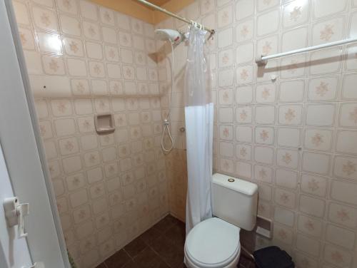 尼泰罗伊Refúgio Piratininga térreo 101的浴室配有带浴帘的卫生间
