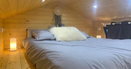 Dannemarie-sur-CrêteTiny House - Home-One的小木屋内的一张大床,配有两个枕头