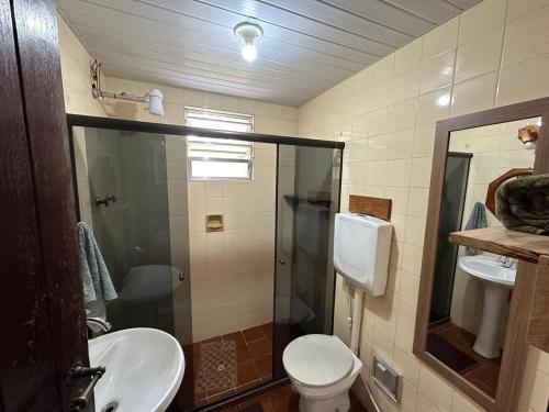 新弗里堡Casa Chalé Chácara Caminho do Vale的浴室配有卫生间、盥洗盆和淋浴。