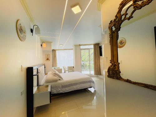 巴尼奥斯Hostal Balcon del Cielo的一间卧室配有一张床和镜子