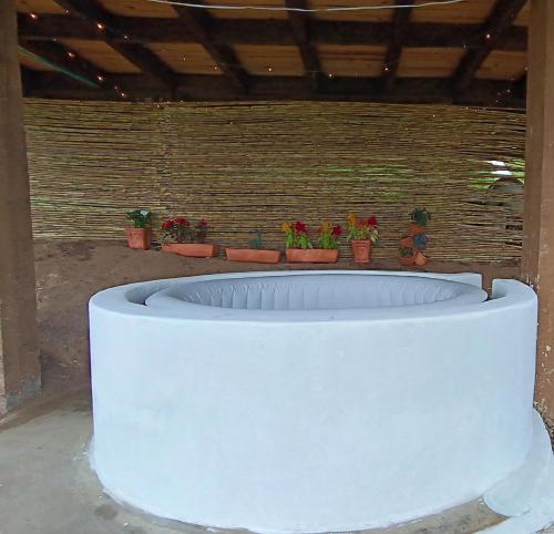MachetáGlamping Caelum. Refugio al aire libre, en Macheta Cundinamarca的墙上有盆栽的白色大浴缸