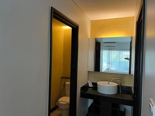 โรงแรม ดิ โอวาเล่ย์ [The O Valley Boutique Hotel]的一间带水槽、卫生间和镜子的浴室