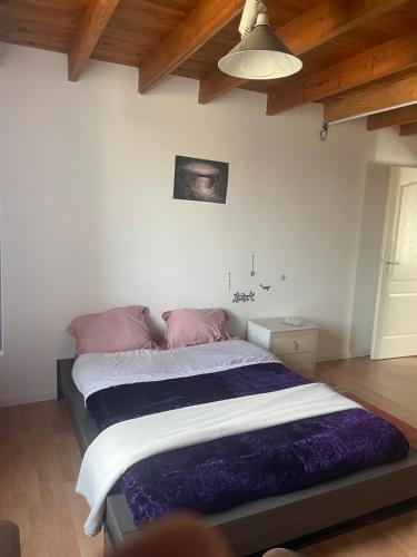 Pusignanchambre violette coté aéroport calme charmante的一间卧室配有一张带紫色床单的床和天花板