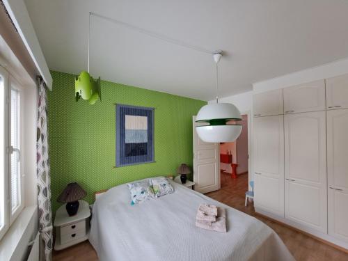 波里Back to Retro Yyterissä的绿色卧室,配有床和绿色的墙壁