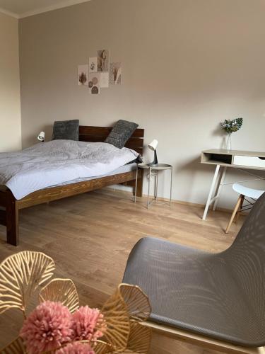贝凯什乔包Liliom Apartman Békéscsaba的一间卧室配有一张床、一张桌子和一把椅子