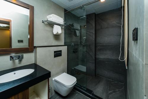 加德满都Prudential Hotel Nepal的带淋浴、卫生间和盥洗盆的浴室