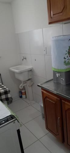 伊列乌斯APARTAMENTO EM ILHÉUS - PRAIA DOS MILIONÁRIOS - VOG ATLÂNTICO - Pé na Areia的一间带水槽和卫生间的小浴室