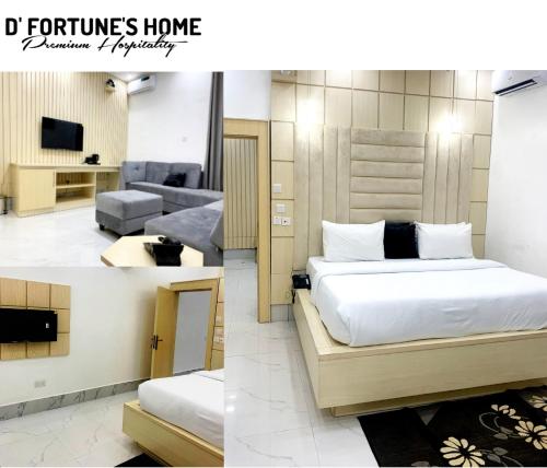 阿沙巴D Fortunes Home的一张床位和客厅卧室的两张照片