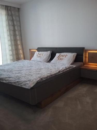 班斯卡-比斯特里察2 izbový luxusný apartmán v novostavbe v centre mesta的卧室内的一张带两个枕头的床