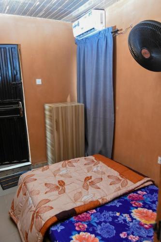 IkoroduMore Point Lounge的一间卧室配有一张带蓝色窗帘的床和风扇