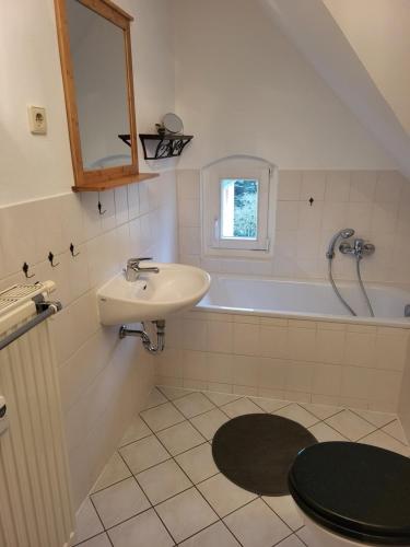 奥伊宾Ferienwohnung Detlef Pascher的浴室配有盥洗盆和浴缸。