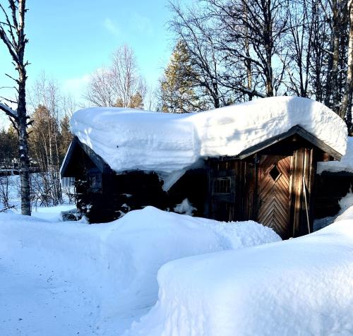 萨伦Bäckstugan的雪覆盖的小屋,有雪覆盖的屋顶