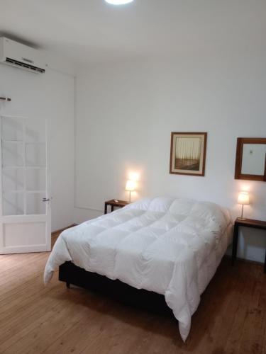 蒙得维的亚Casa Bruniel的一间卧室配有一张带两盏灯的大型白色床。