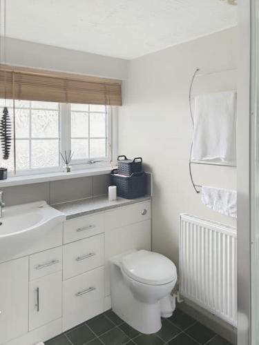 莱斯特Private guest house - Double bedroom, en-suite and workspace with private entrance的白色的浴室设有卫生间和水槽。