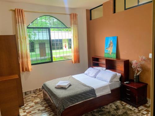 弗朗西斯科德奥雷利亚纳港Hostería Chambira的一间卧室设有一张床和一个窗口