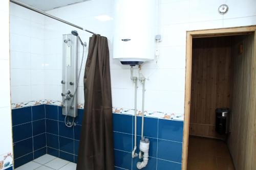 杜尚别Yellow Hostel Dushanbe的浴室铺有蓝色瓷砖,设有淋浴。