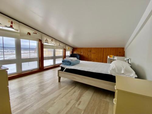 Cap-aux-MeulesAuberge de Gros-Cap的一间带一张大床的卧室,位于带窗户的房间内