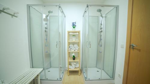 奥利维拉Only Women Guest House - Villa de la Comunidad Internacional de la Mujer的浴室设有2个玻璃淋浴间和架子