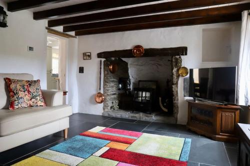 波特斯卡托Cosy thatched Cottage sleeps 6 near Portscatho!的客厅设有壁炉和电视。