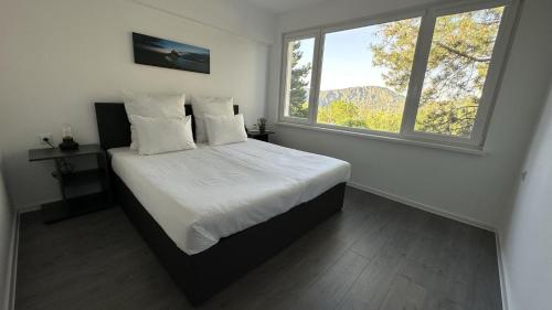 MadzharovoКомплекс Маджарово的一间卧室配有一张带白色床单的床和两个窗户。