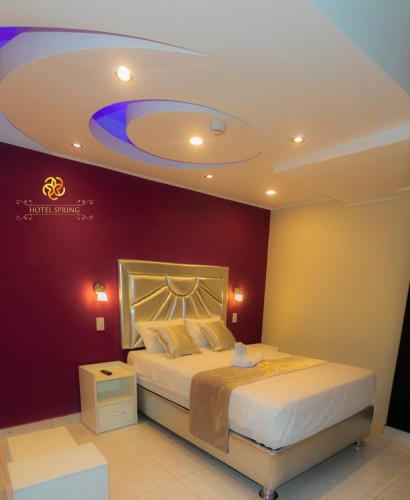瓦努科Hotel Spring的一间卧室配有一张紫色墙壁的床