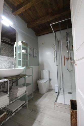 埃尔瓦Apartamentos Vedelejos的一间带水槽、淋浴和卫生间的浴室