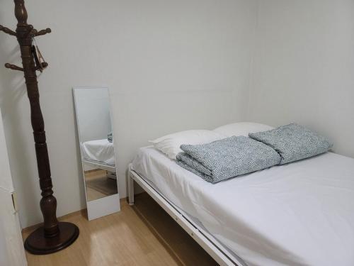 首尔BlueBird Guesthouse - Foreign Only的一间卧室配有一张带镜子的床,旁边是镜子