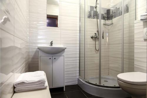 加茨比亚格拉Neptun Ψ的带淋浴、盥洗盆和卫生间的浴室