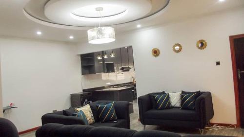 卢萨卡KKI Serviced Apartments的客厅设有两张沙发和一个天花板