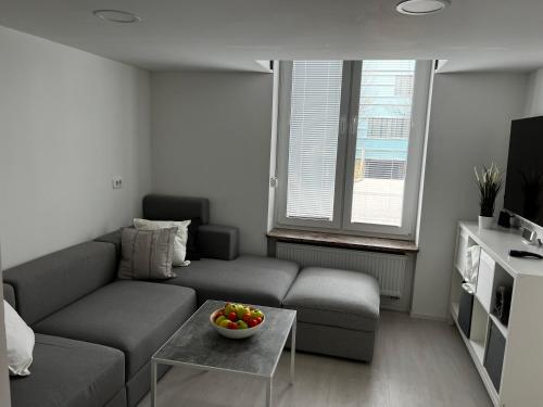 卢布尔雅那Elena Apartments的客厅配有沙发和桌上一碗水果