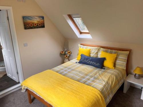 AlvingtonColne Brook Barn的一间卧室配有黄色和蓝色枕头的床