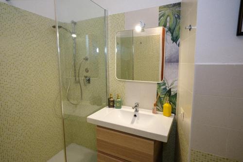 恩纳Al Vicolo的浴室配有盥洗盆和带镜子的淋浴