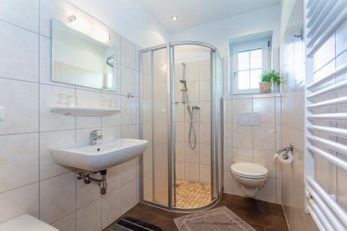 蓬高地区圣法伊特科勒克格特酒店的带淋浴、盥洗盆和卫生间的浴室