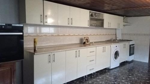 布泽乌Casuta de sub munte的厨房配有白色橱柜、洗衣机和烘干机