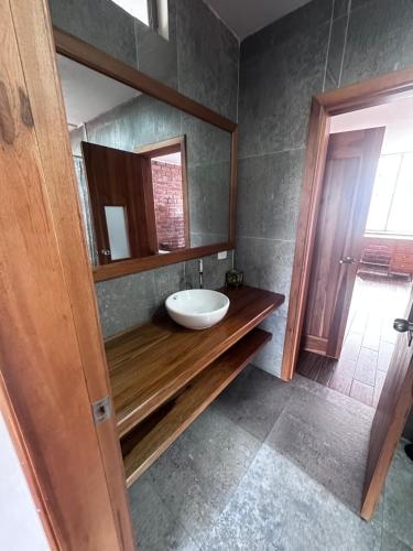 巴尼奥斯Baños de agua Santa的一间带水槽和镜子的浴室