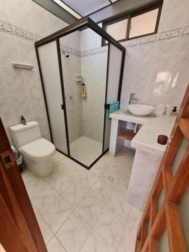 VillamaríaCasa Vélez: habitación natural的带淋浴、卫生间和盥洗盆的浴室