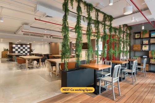 迪拜迪拜温德姆特瑞普酒店的餐厅设有木桌和挂在天花板上的植物