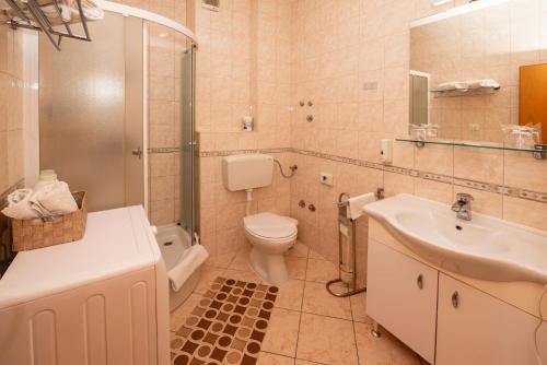 特罗吉尔托里吉尔公寓酒店的浴室配有卫生间、盥洗盆和淋浴。