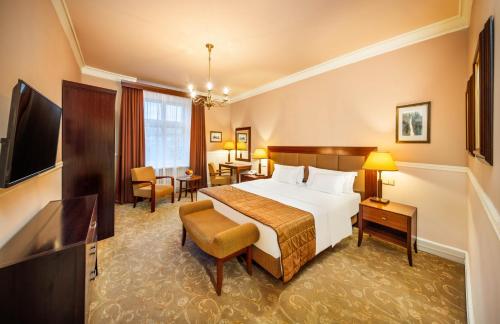 布拉格Esplanade Hotel Prague的酒店客房,配有床和电视