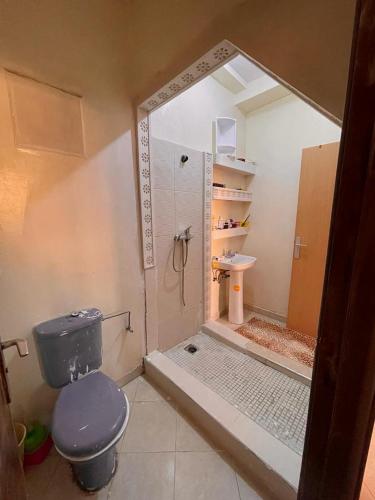 马拉喀什Route de la jnane awrad lotissement 14 immeuble 5 étage 4 appartement 20 Marrakech的带淋浴、卫生间和盥洗盆的浴室