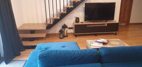 西恩纳Willa ViWaldi Janowa Góra的客厅配有蓝色的沙发和电视