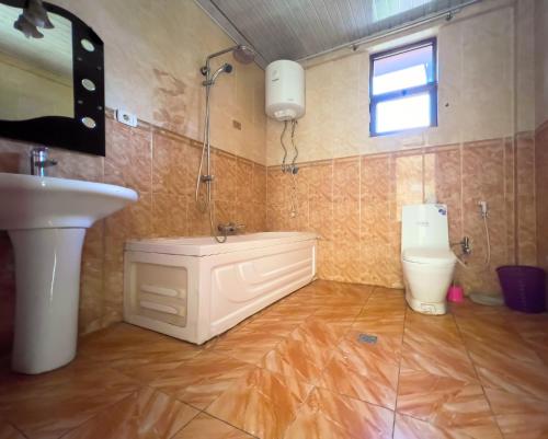 亚的斯亚贝巴Mad Vervet Backpackers Hostel的一间带水槽、浴缸和卫生间的浴室