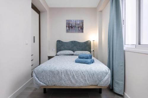 圣克鲁斯-德拉帕尔马Apartamento en Casa telmo的一间卧室配有一张带蓝色枕头的床。