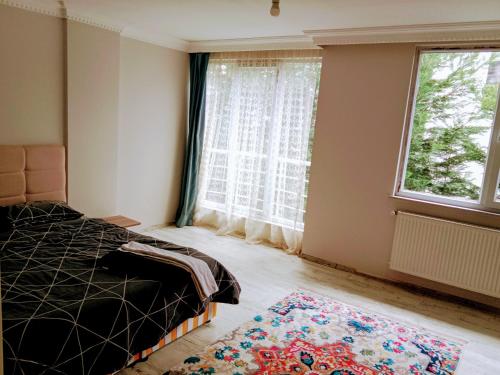 ArnavutköyVilla closest to Istanbul airport的一间卧室设有床、窗户和地毯。