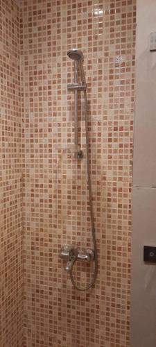 沙姆沙伊赫Sharm el shiekh sports city的浴室设有棕色瓷砖墙和淋浴。