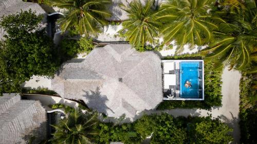 芭环礁Kihaa Maldives的享有带游泳池和棕榈树的别墅的顶部景致