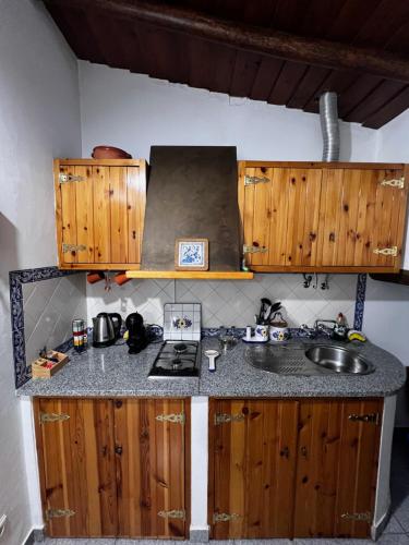 CampinhoÉ um Descanso的一个带水槽和木橱柜的厨房